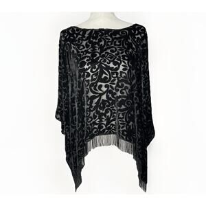 VTG Navajo Velvet Burnout OS Black Sharkbite Poncho Hand Bead Fringe Shawl Top